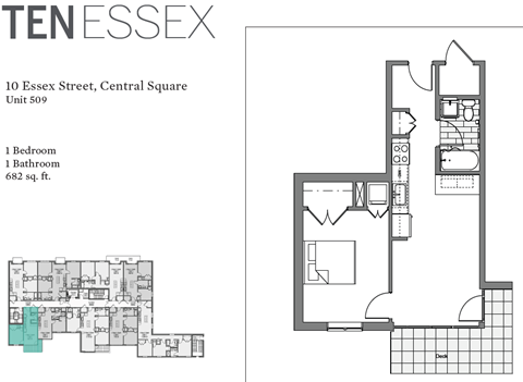 Floor plan for 1 bed, 1 bath, 682 sqft